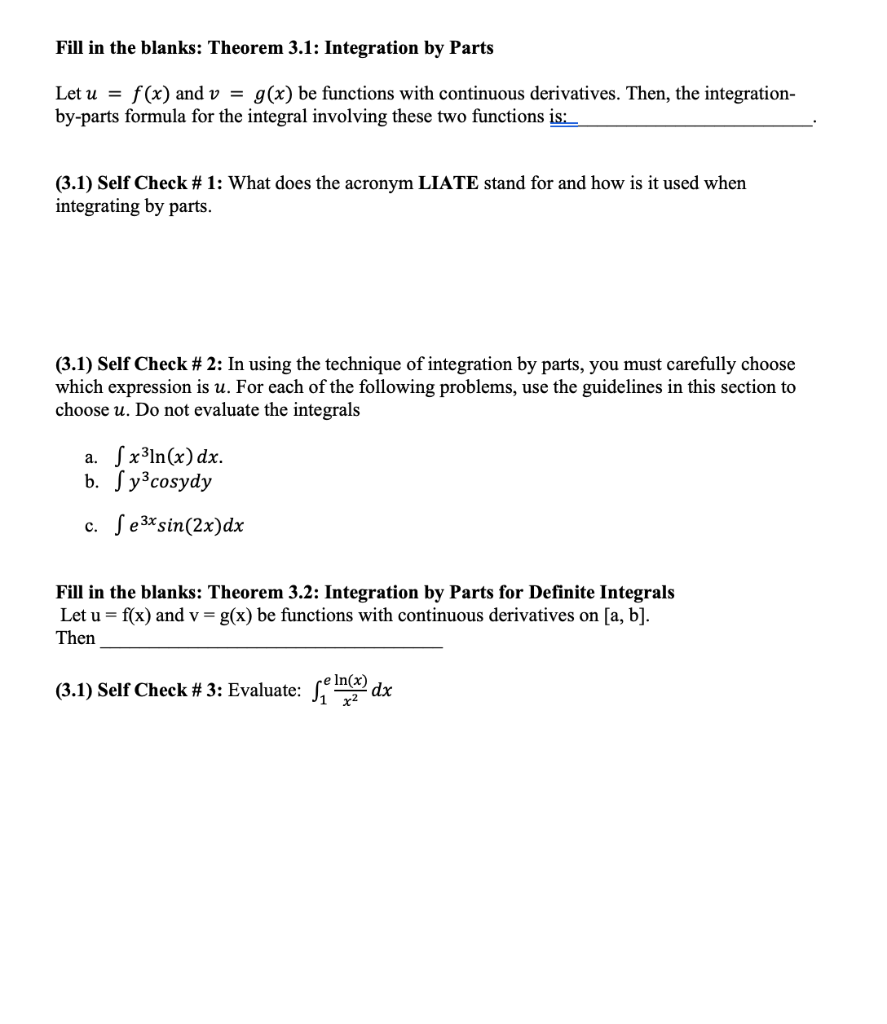 Solved Fill In The Blanks Theorem 3 1 Integration By Pa Chegg Com
