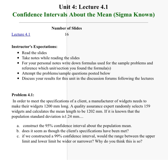 Solved Unit 4: Lecture 4.1 Confidence Intervals About the | Chegg.com