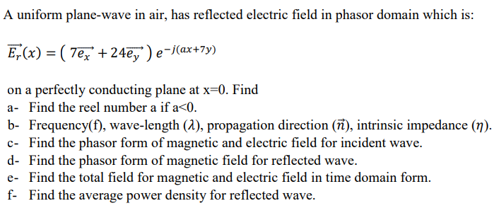 Solved A uniform plane-wave in air, has reflected electric | Chegg.com