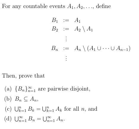 Solved For any countable events A1, A2, ..., define B := A1 | Chegg.com