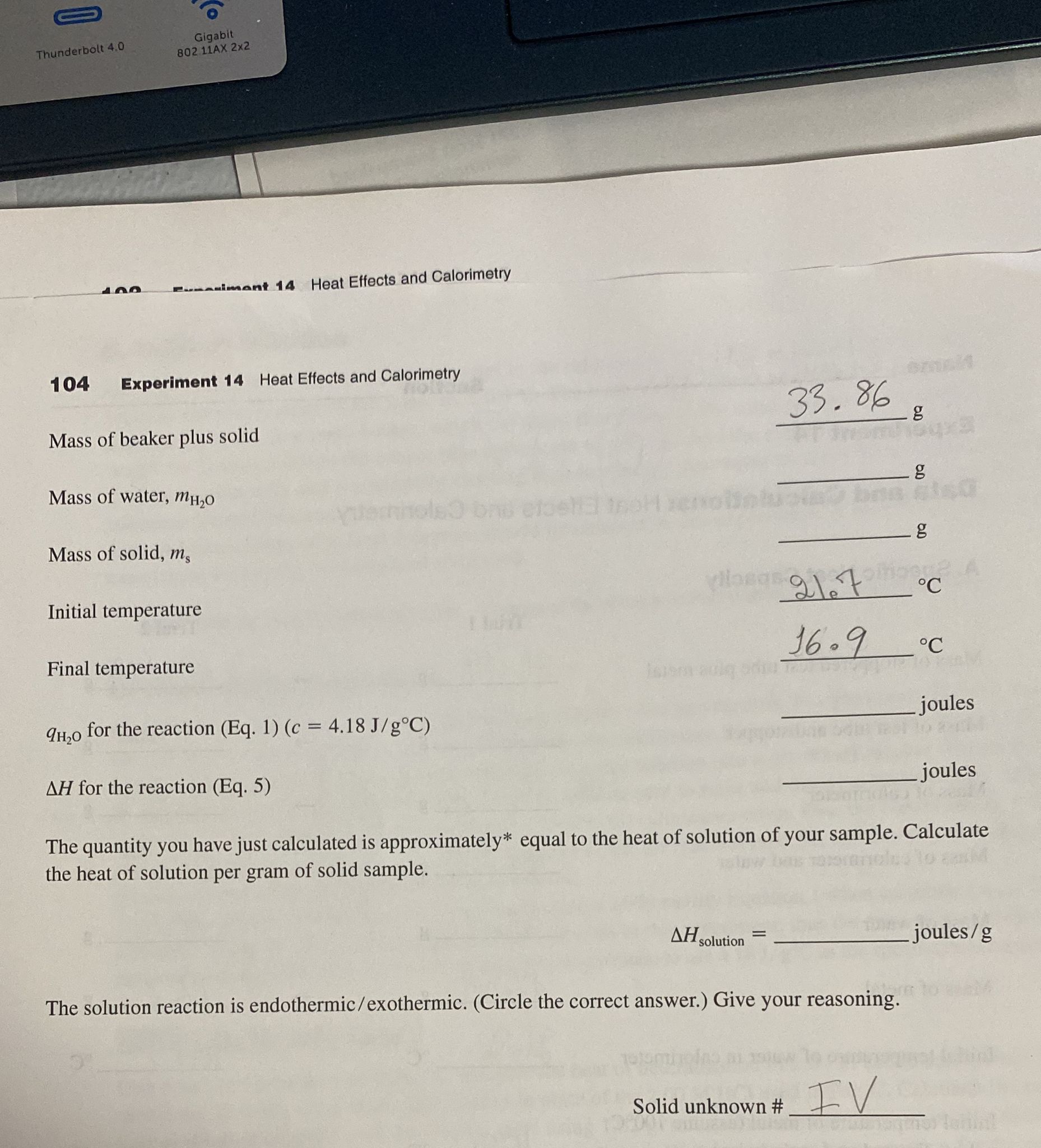 Solved 104 Experiment 14 Heat Effects and Calorimetry Mass