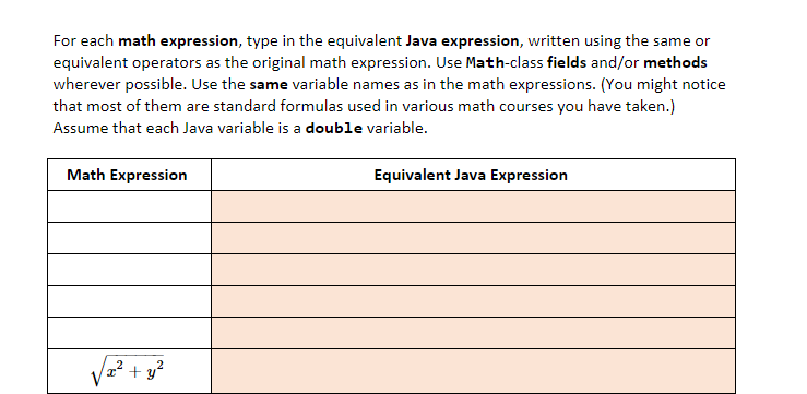 Solved For each math expression, type in the equivalent Java | Chegg.com