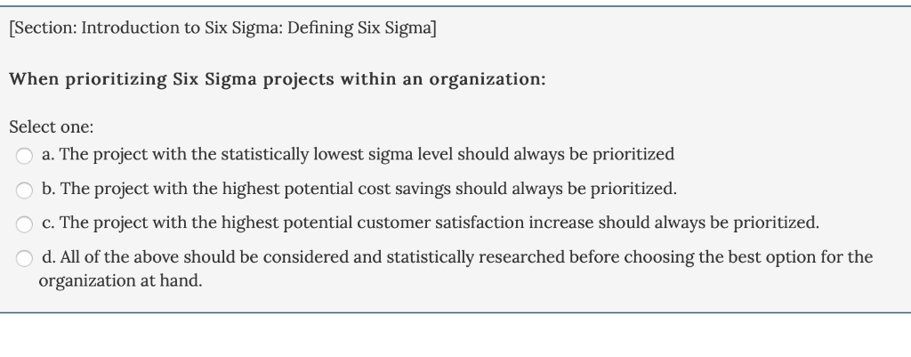 Solved Section: Introduction to Six Sigma: Defining Six | Chegg.com