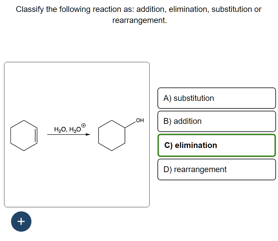 Solved Classify the following reaction as: addition, | Chegg.com