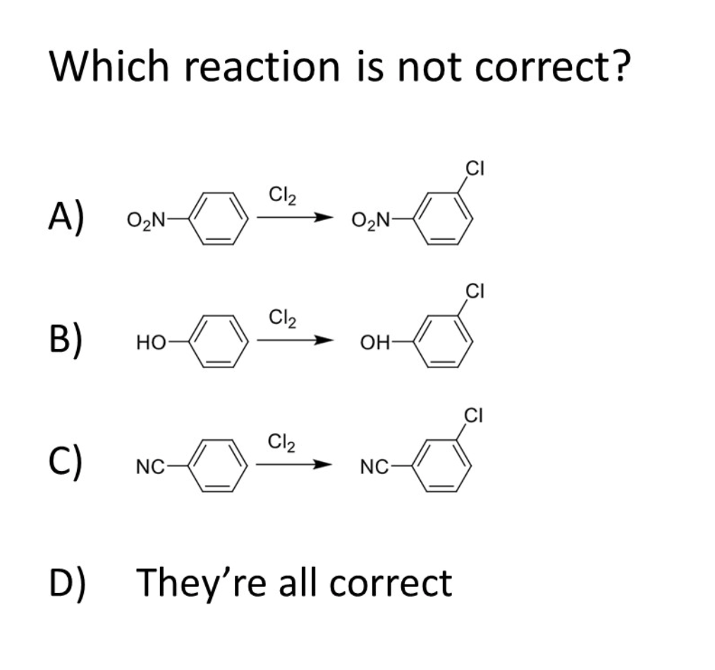 Solved Which reaction is not correct? Cl2 A) OzN- O2N- CI | Chegg.com