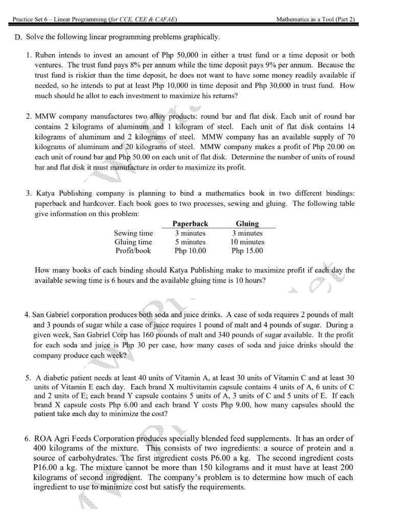 Practice Set 6 - Linear Programming (for CCE CEE & | Chegg.com