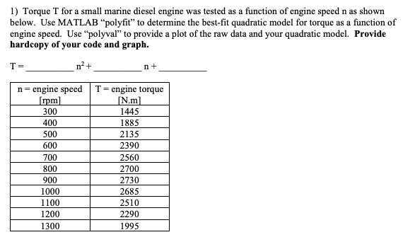 Solved 1) Torque T for a small marine diesel engine was | Chegg.com