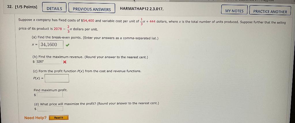 Solved 32. [1/5 Points] DETAILS PREVIOUS ANSWERS HARMATHAP12 | Chegg.com