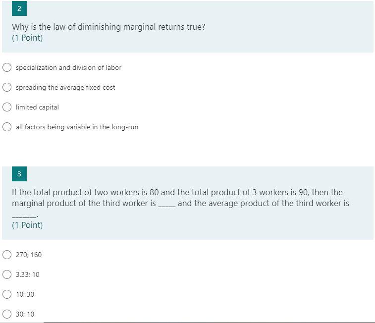 Solved 2 Why is the law of diminishing marginal returns | Chegg.com