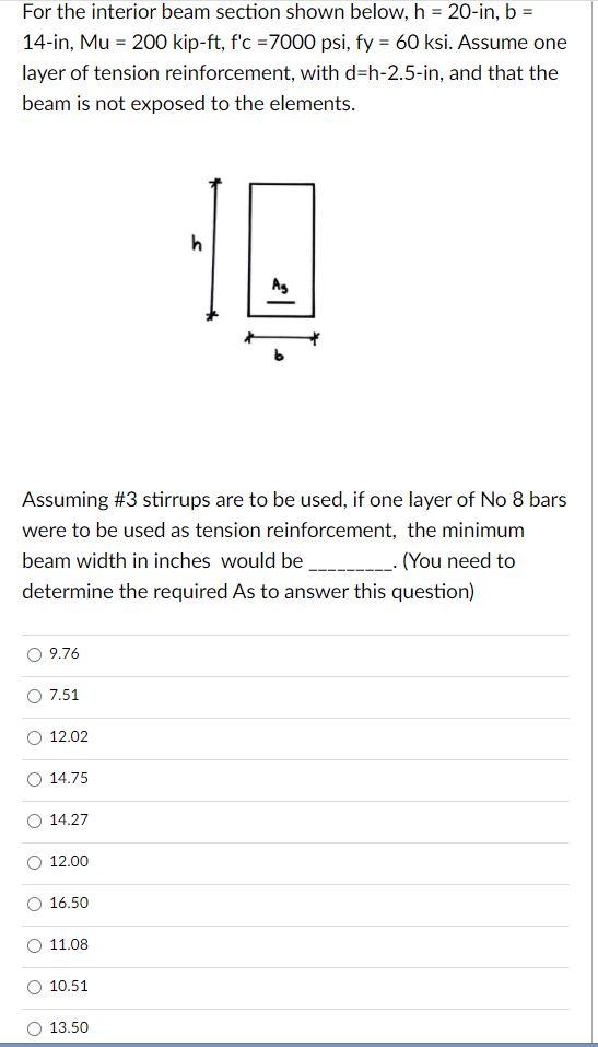 Solved For the interior beam section shown below, h = 20-in, | Chegg.com