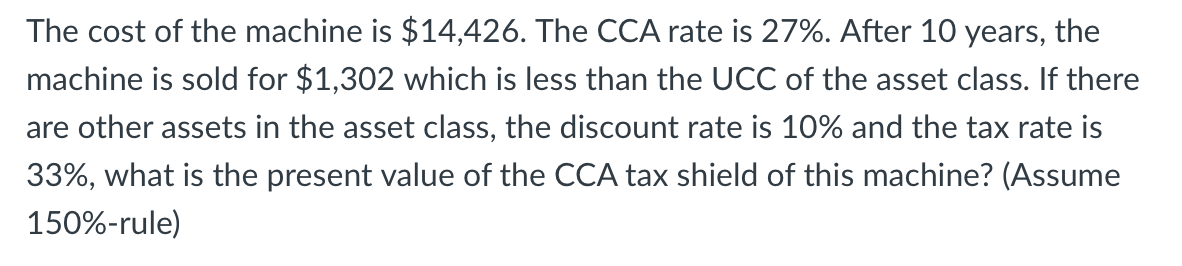 Solved The cost of the machine is $14,426. The CCA rate is | Chegg.com