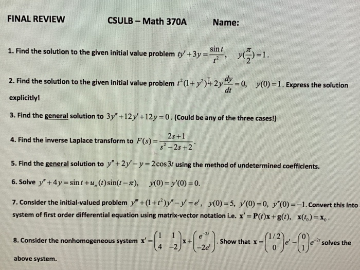 Solved FINAL REVIEW CSULBMath 370AName 1. Find the