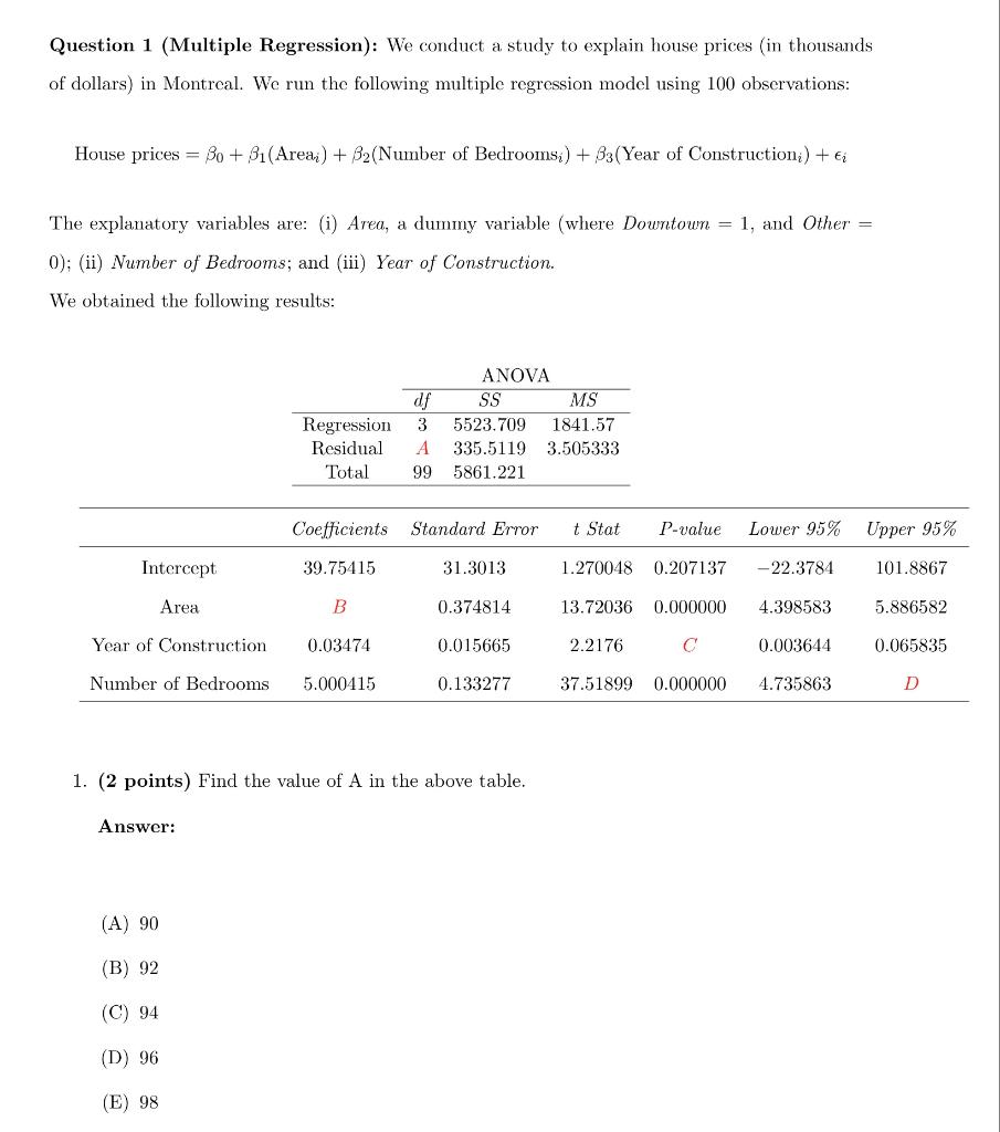 Solved Question 1 (Multiple Regression): We conduct a study | Chegg.com