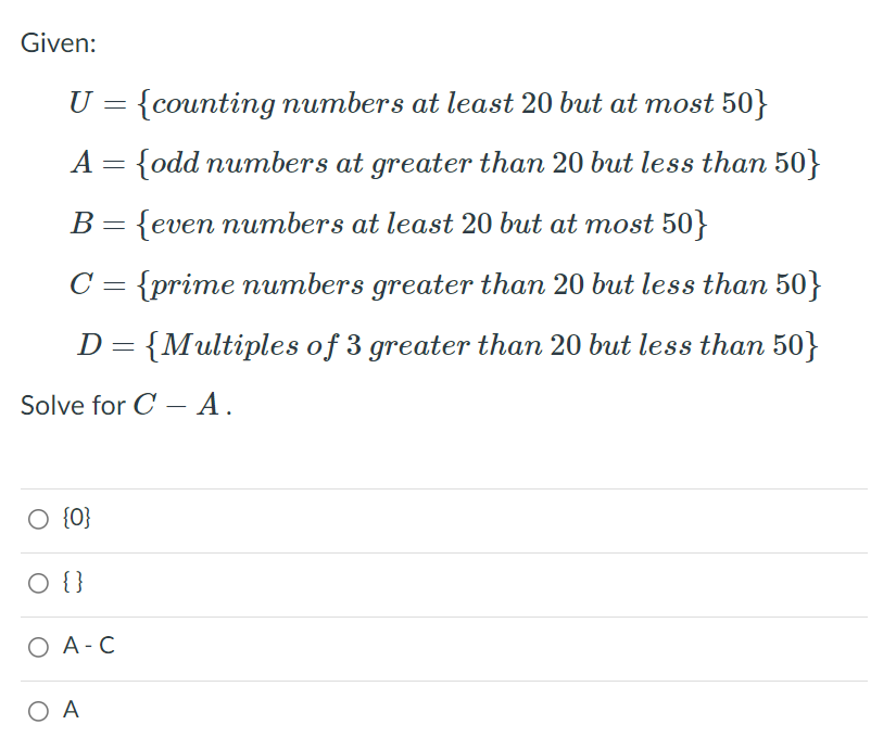 Solved Given: U = {counting numbers at least 20 but at most | Chegg.com