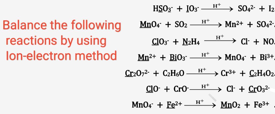 Solved H+ HSO3- + 103- → SO42- + 12 H+ MnO4- + SO2 → Mn2+ + | Chegg.com