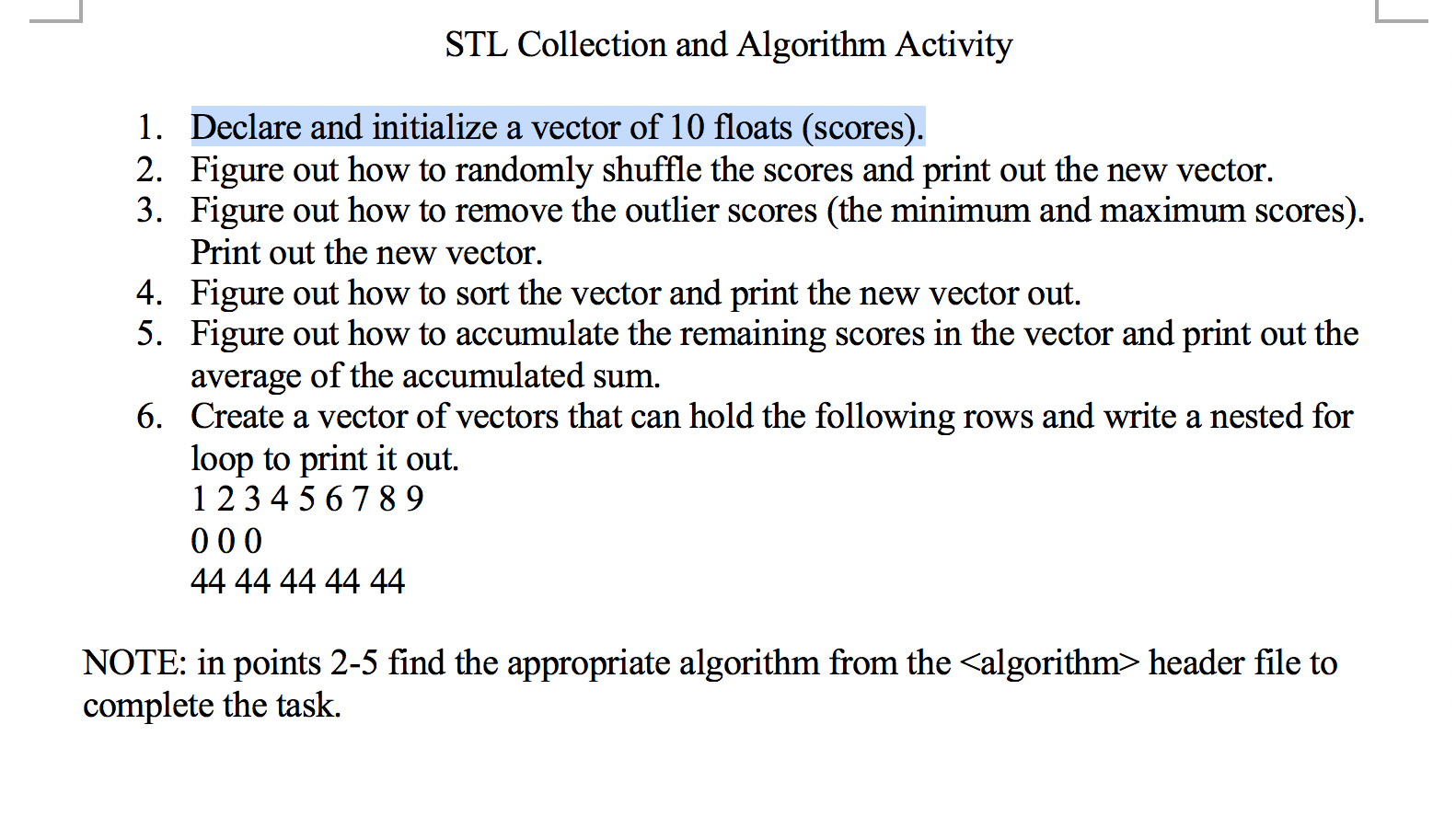 Solved STL Collection and Algorithm Activity 1. Declare and | Chegg.com