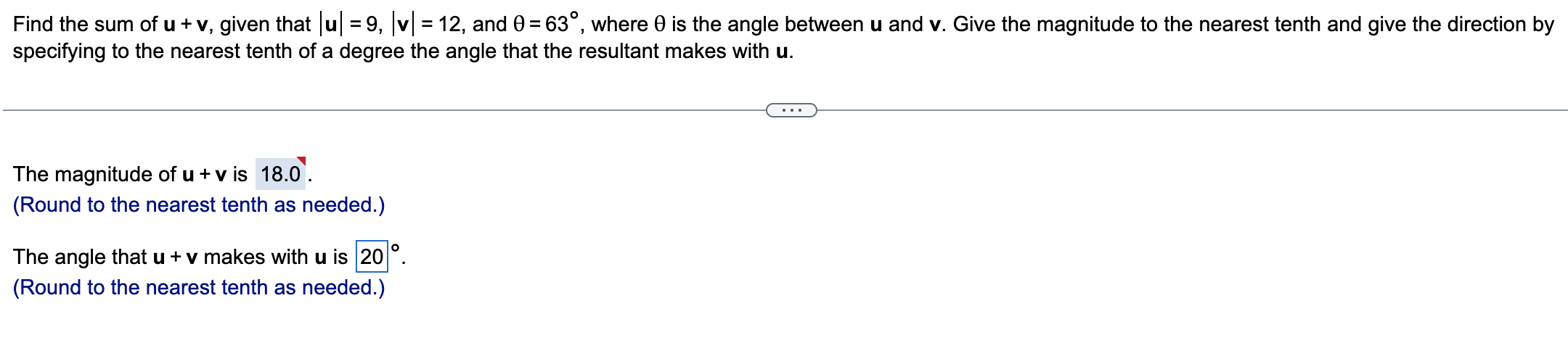 Solved Find The Sum Of U+v, Given That ∣u∣=9,∣v∣=12, And 