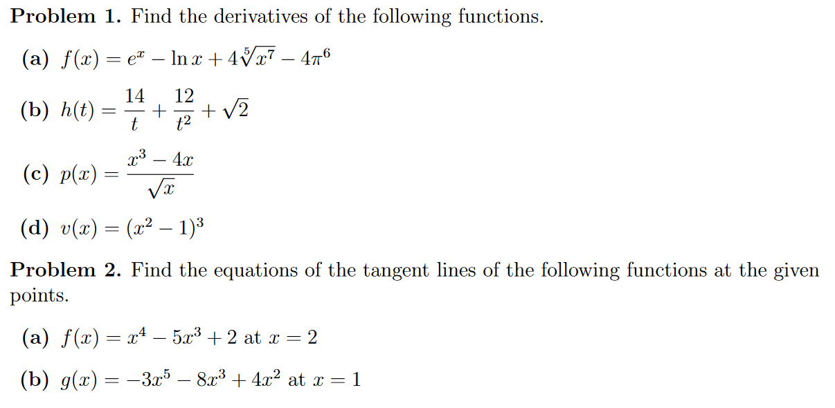 Solved Problem 1. Find the derivatives of the following | Chegg.com