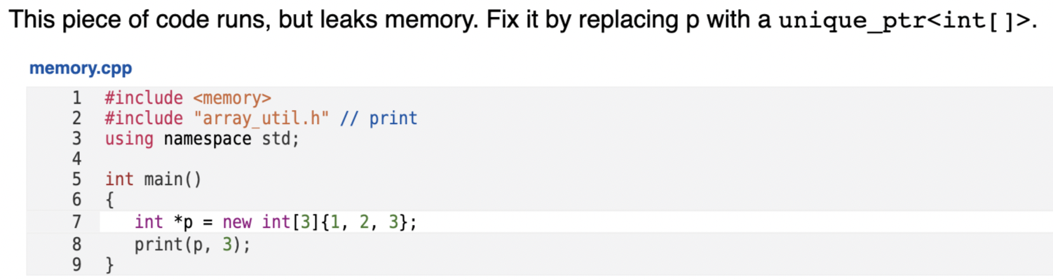 Solved This piece of code runs, but leaks memory. Fix it by | Chegg.com