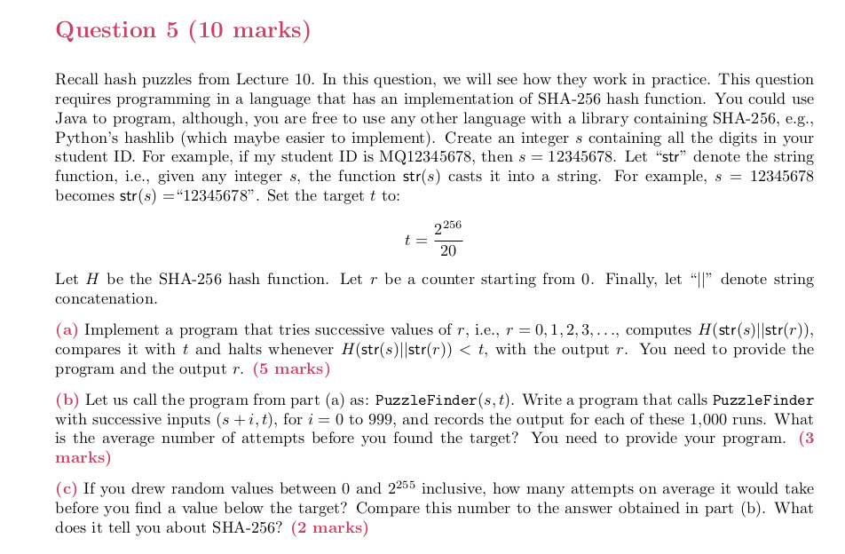 Solved Question 5 (10 marks) = Recall hash puzzles from | Chegg.com