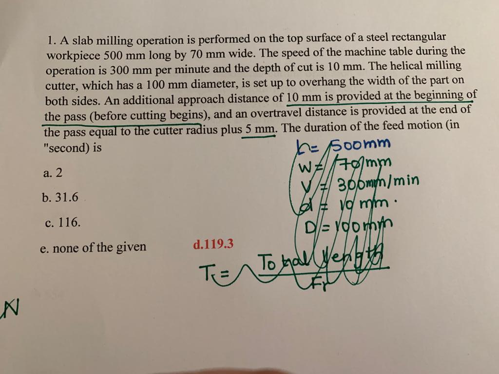 Solved 1. A slab milling operation is performed on the top