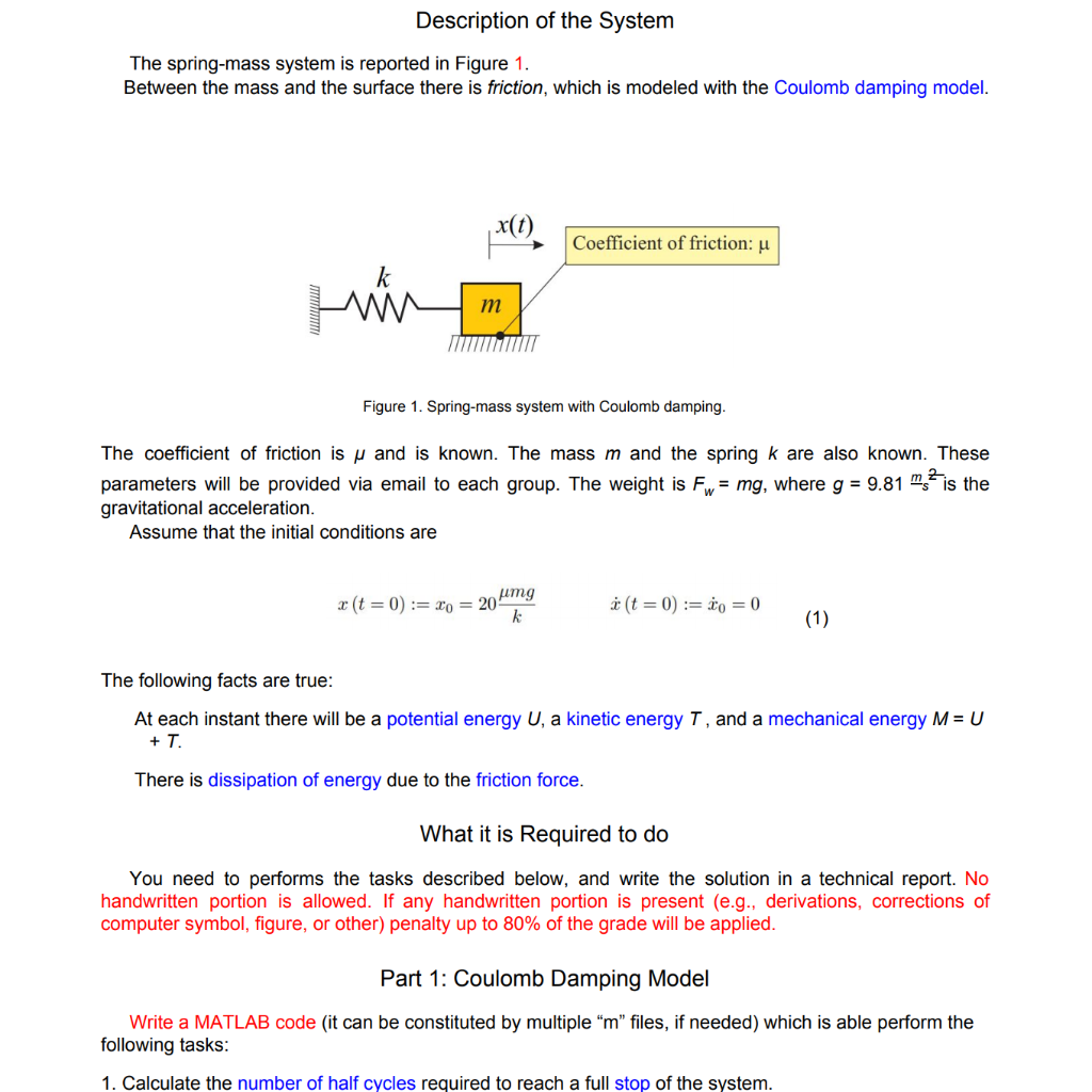 Description of the System The spring-mass system is | Chegg.com