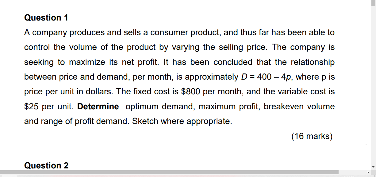 Solved Question 1 A Company Produces And Sells A Consumer | Chegg.com