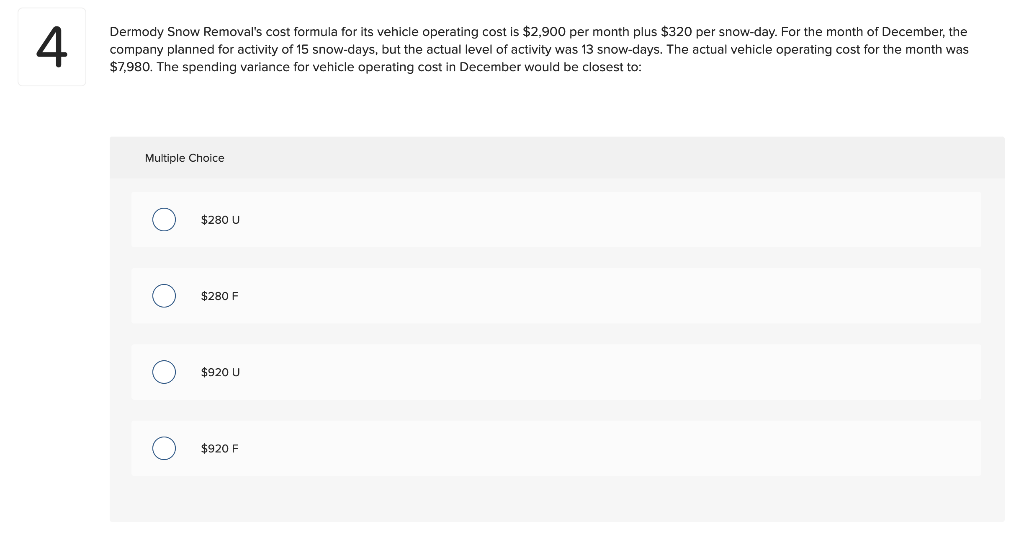 Solved 4 Dermody Snow Removal's cost formula for its vehicle
