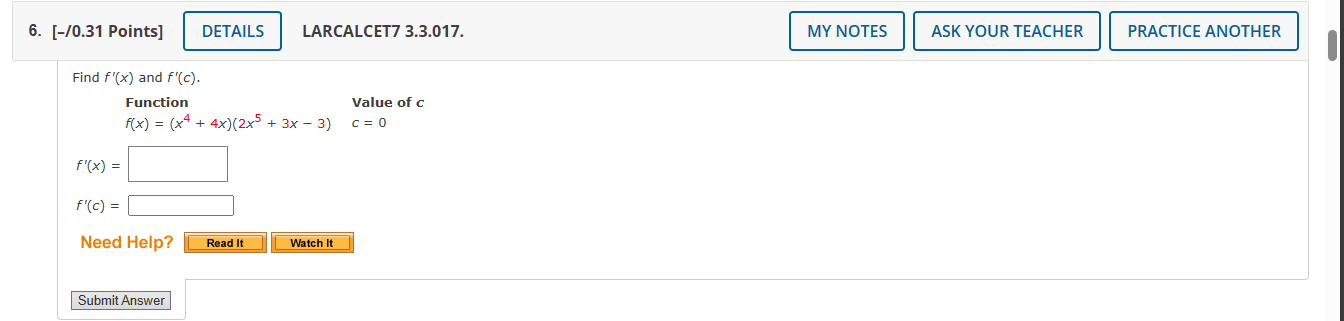 Solved /0.31 Points] LARCALCET7 3.3.017. Find f′(x) and | Chegg.com