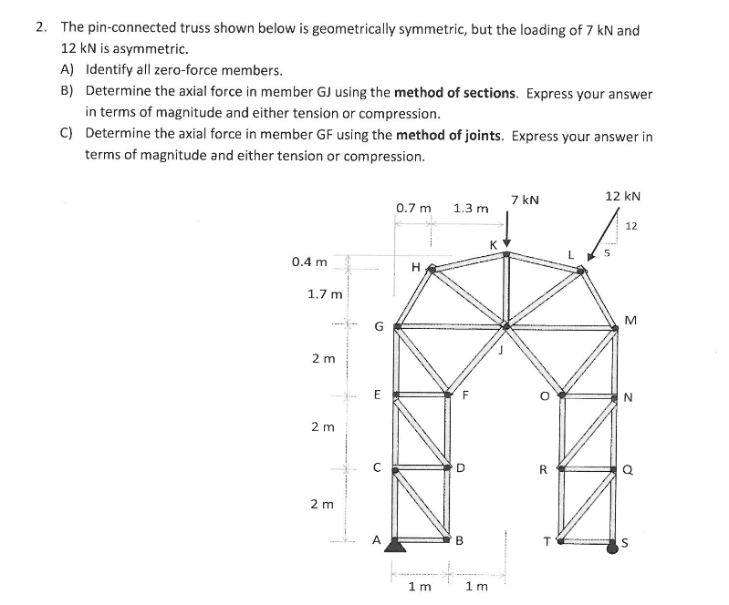 2. The pin-connected truss shown below is geometrically symmetric, but the loading of \( 7 \mathrm{kN} \) and \( 12 \mathrm{k