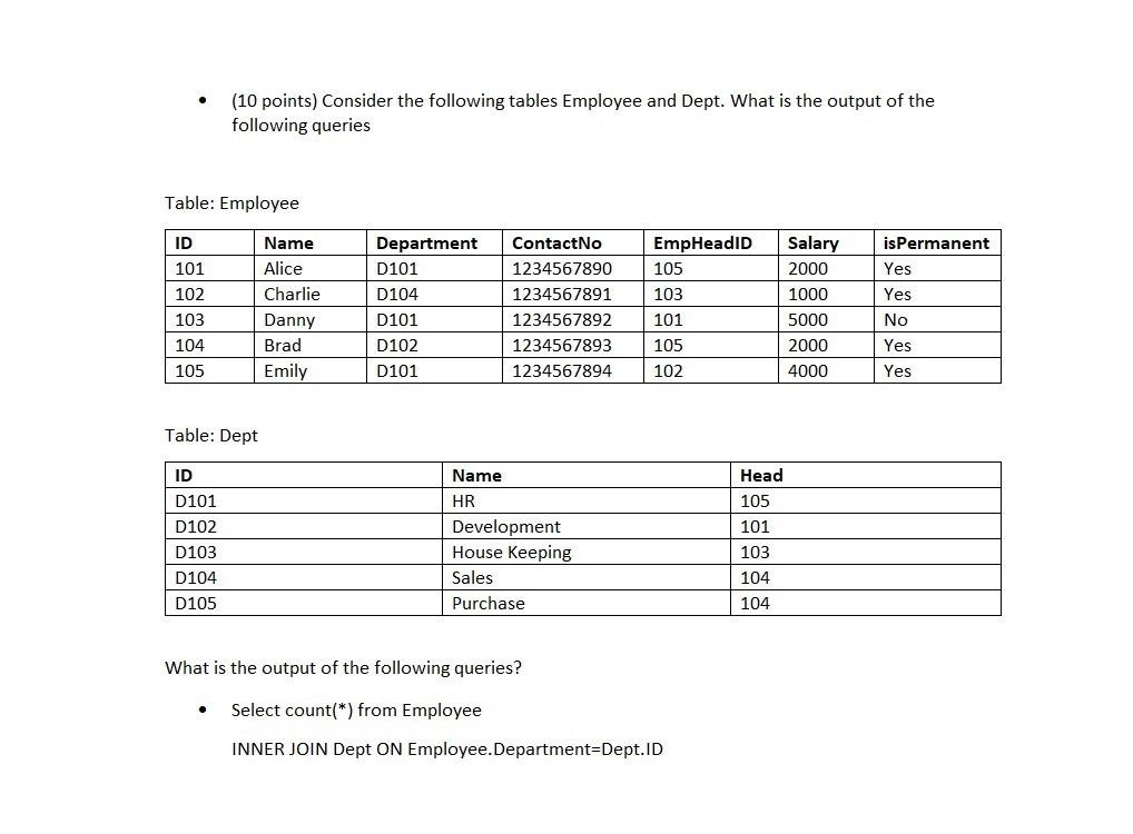 Solved - (10 points) Consider the following tables Employee | Chegg.com