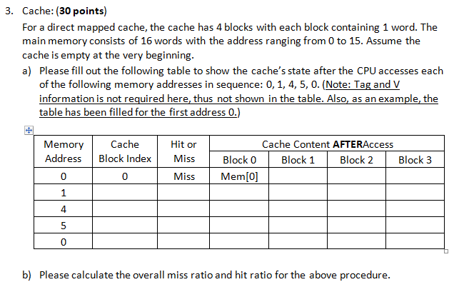 Solved 3. Cache: (30 points) For a direct mapped cache, the | Chegg.com