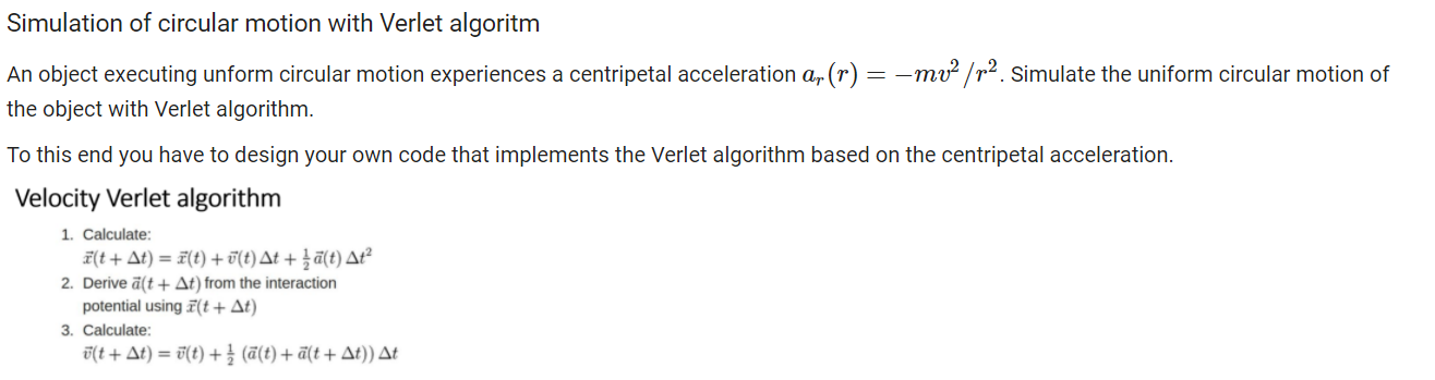 Solved Simulation of circular motion with Verlet algoritm An | Chegg.com