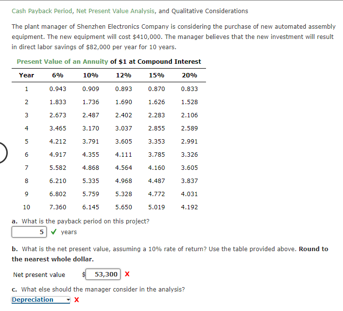 Solved Cash Payback Period, Net Present Value Analysis, and