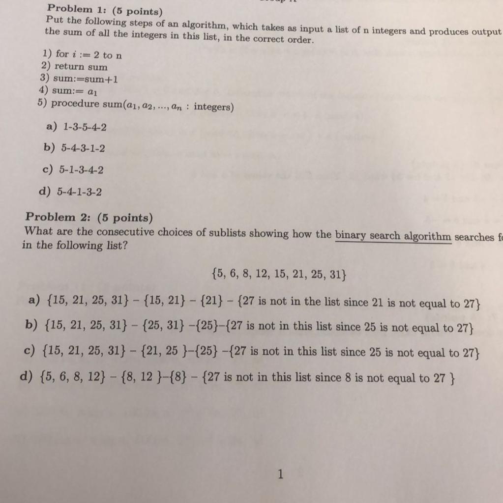 Solved Problem 1: (5 Points) Put The Following Steps Of An | Chegg.com