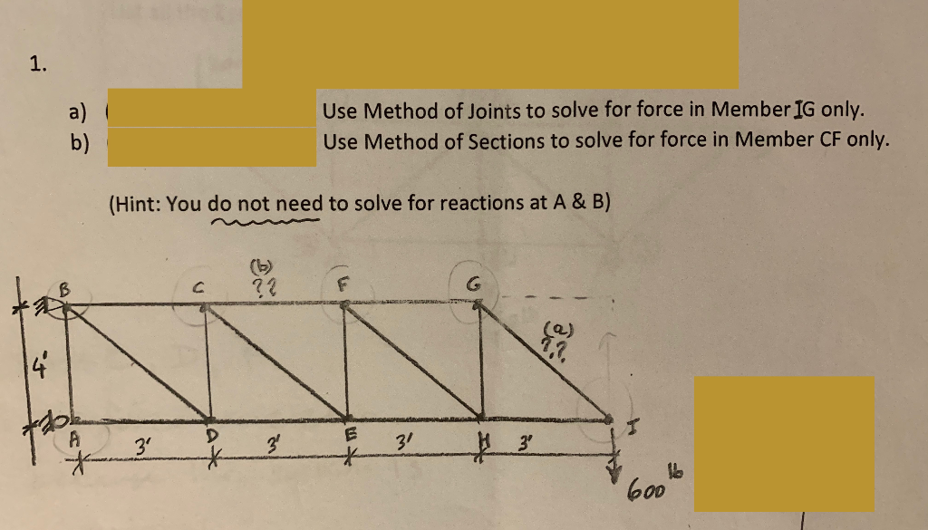 Solved Find the force in member IG using method of Joints. | Chegg.com