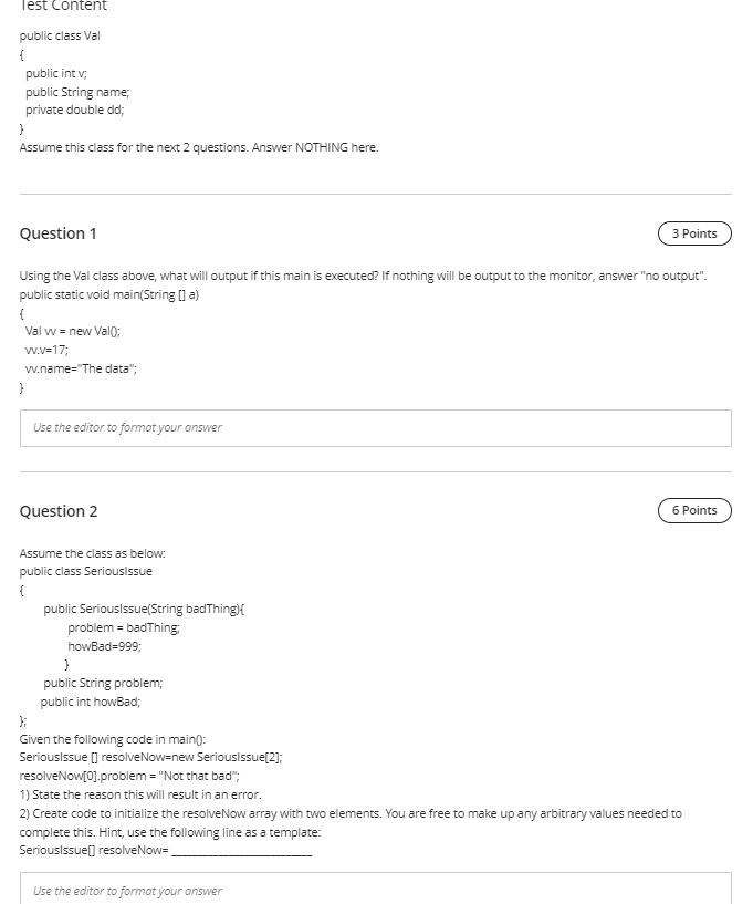 Solved Test Content public class Val { public int v; public | Chegg.com