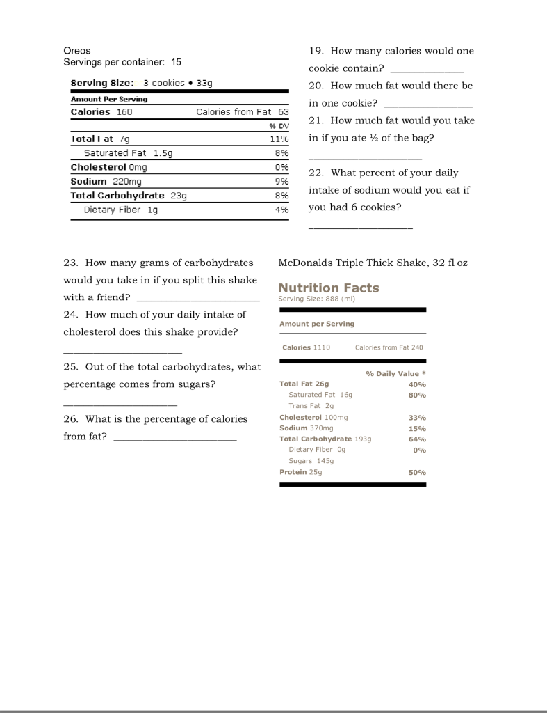 Solved NutritioNl ab el work sheet name Block All packaged  Chegg.com Throughout Nutrition Label Worksheet Answer Key