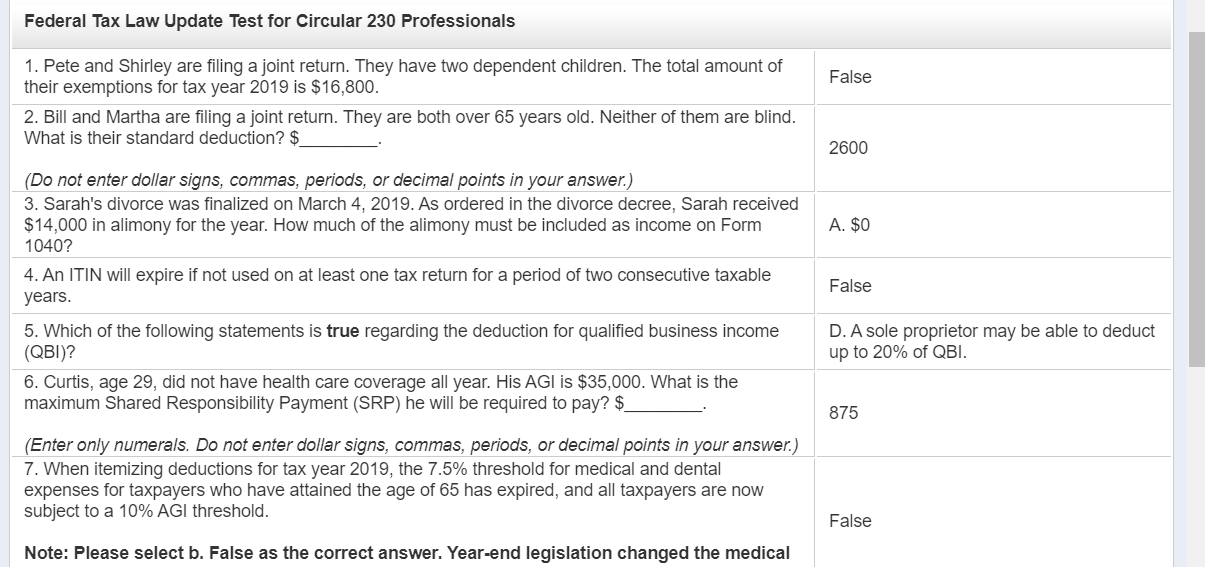 Solved Federal Tax Law Update Test for Circular 230