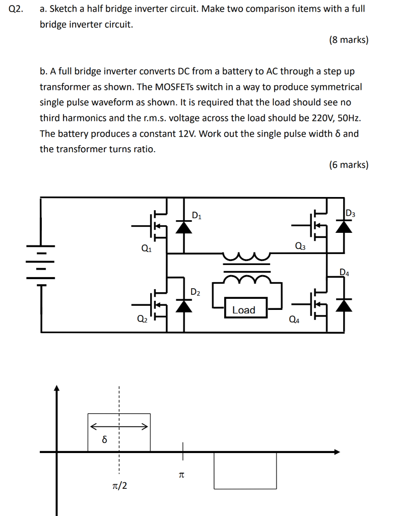 Solved Q2. A. Sketch A Half Bridge Inverter Circuit. Make | Chegg.com