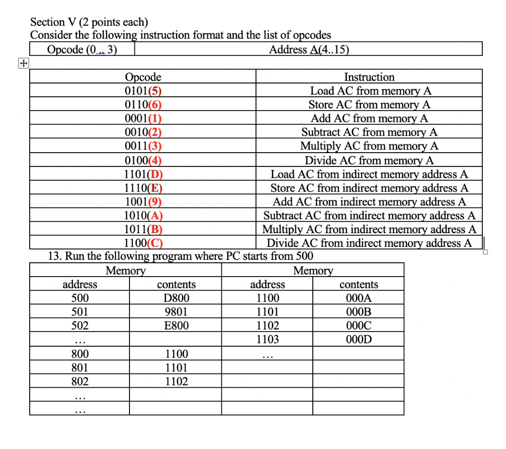 Section V (2 points each) Consider the following | Chegg.com