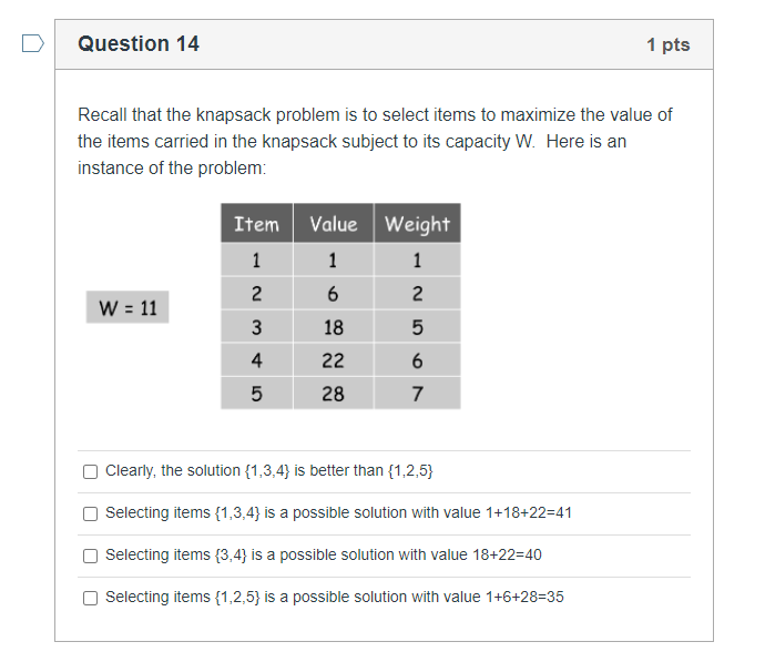 Solved Question 14 1 pts Recall that the knapsack problem is | Chegg.com