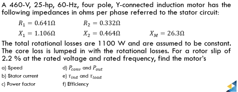 Solved A 460 V 25 Hp 60 Hz Four Pole Y Connected