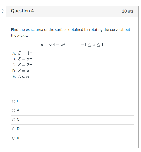 Solved Question 4 20 pts Find the exact area of the surface | Chegg.com