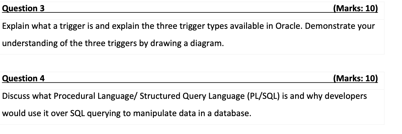 Solved Question 3 (Marks: 10) Explain what a trigger is and | Chegg.com