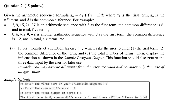 Solved Given the arithmetic sequence formula an=a1+(n−1)d; | Chegg.com