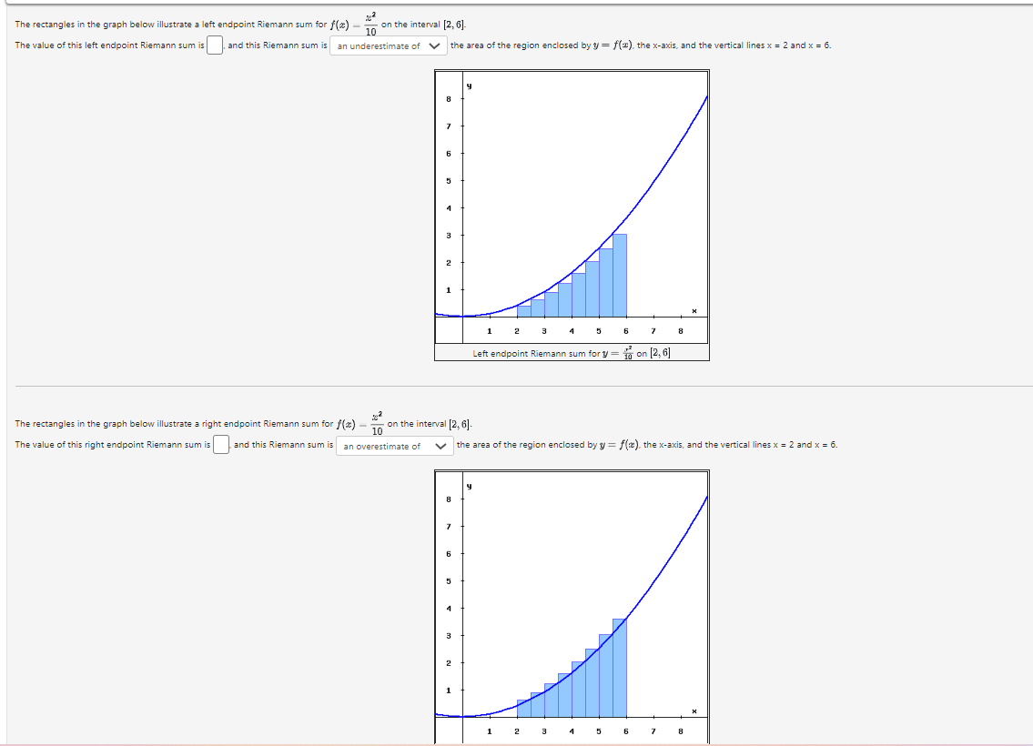 The rectangles in the graph below illustrate a left endpoint Riemann sum for \( f(x)-\frac{x^{2}}{10} \) on the interval \( [