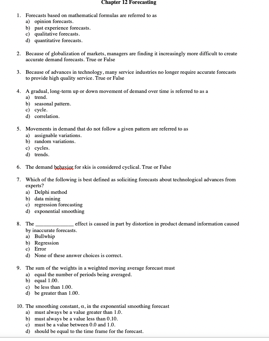 Solved Chapter 12 Forecasting 1. Forecasts based on | Chegg.com