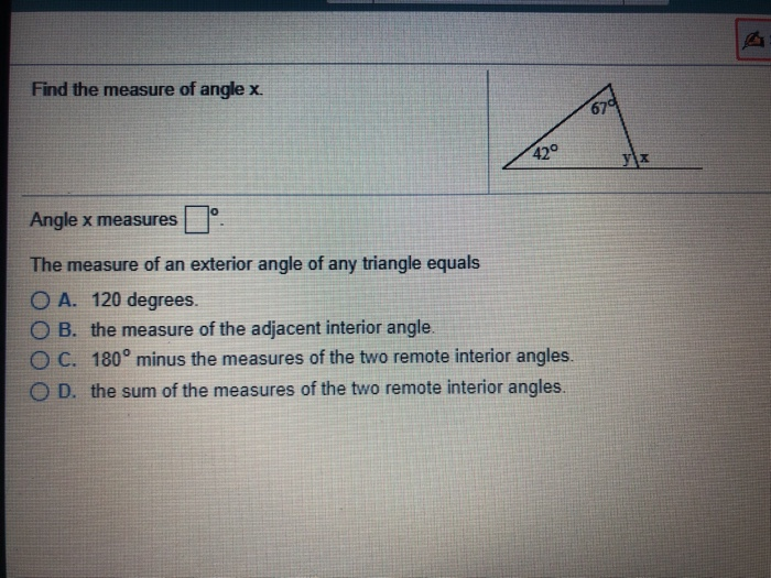 Solved Find the measure of angle x. 420 Angle x measures The | Chegg.com