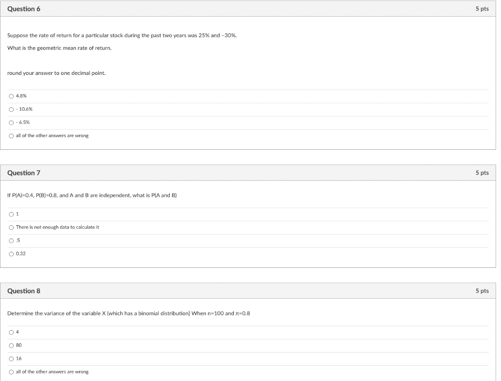 Solved Question 6 5 pts Suppose the rate of return for a | Chegg.com